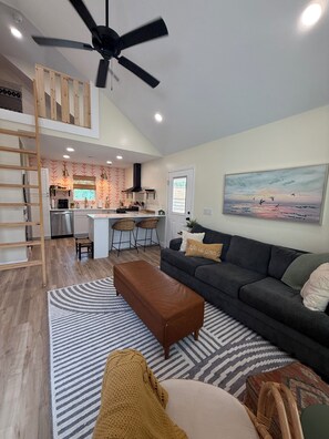 Smart TV, fireplace, books