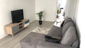 Ein modernes Wohnzimmer mit einem grauen Sofa, einem Flachbildfernseher auf einem Holzboden, einer Topfpflanze und einem gemusterten Teppich.