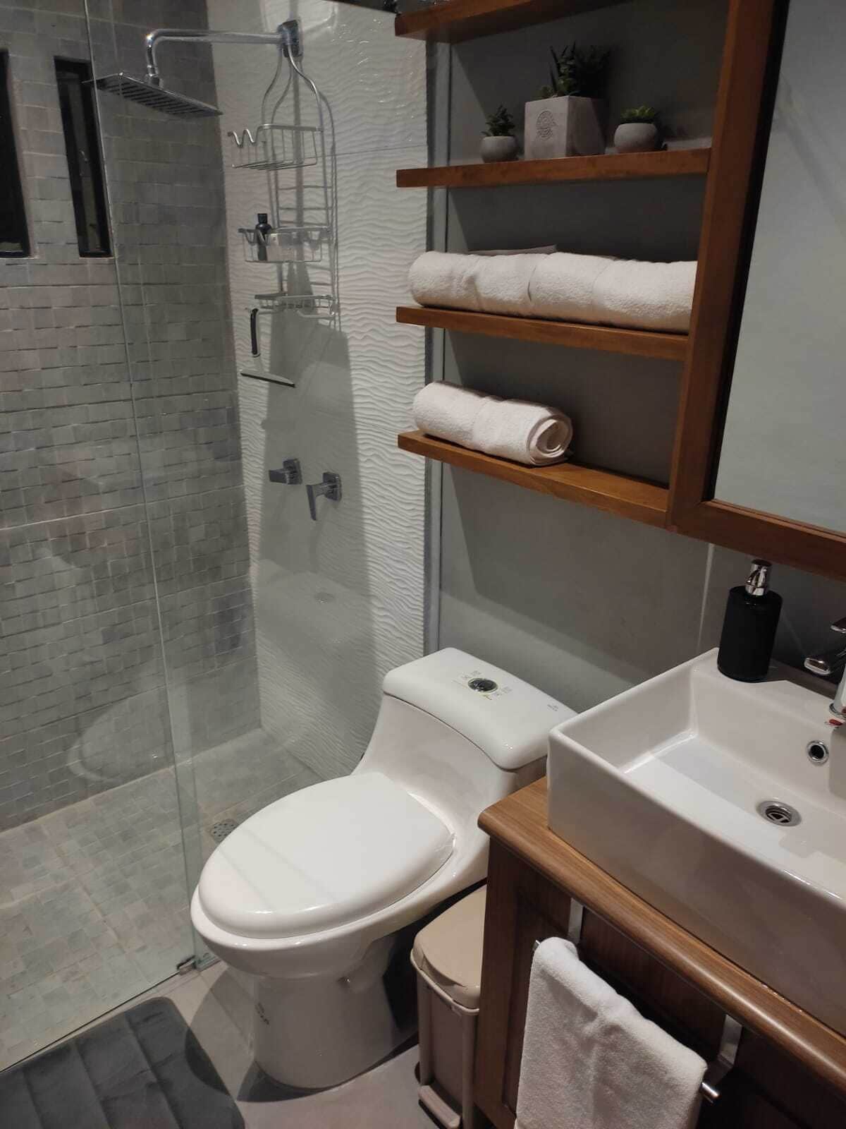 Un baño moderno con ducha de vidrio, inodoro y lavamanos con tocador de madera.