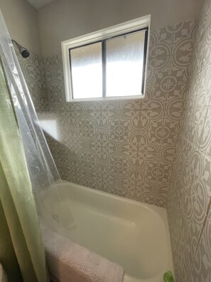 Hair dryer, towels, soap, shampoo