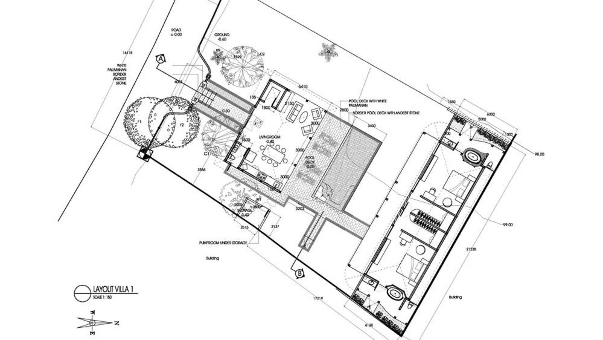 Plano de planta de un edificio con habitaciones identificadas, incluyendo sala de estar, dormitorios y zona de piscina.