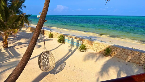 Une vue sur la plage avec un fauteuil suspendu, des palmiers et un panneau indiquant « Zanzibar Beach House ».