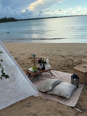 Enjoy a romantic beachside picnic with a beautifully set table featuring a vase of flowers, wine, and fresh fruit.