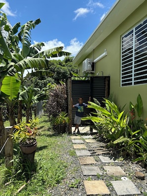 Enjoy a serene outdoor space surrounded by lush tropical plants and an entrance.