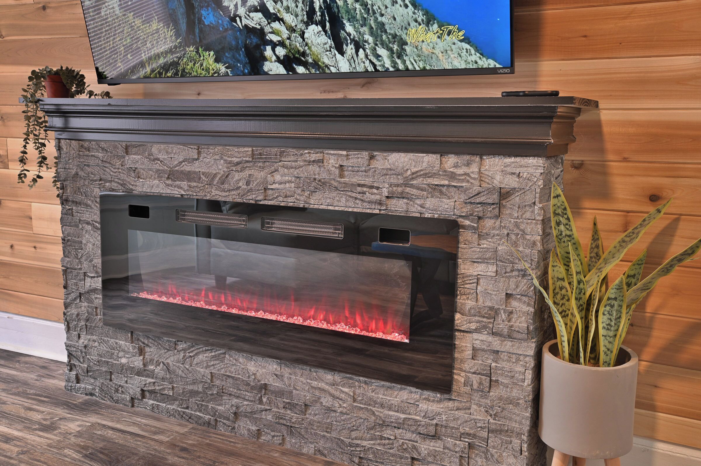 A stone fireplace with a glass front, a mounted television above it, and a potted plant to the right.