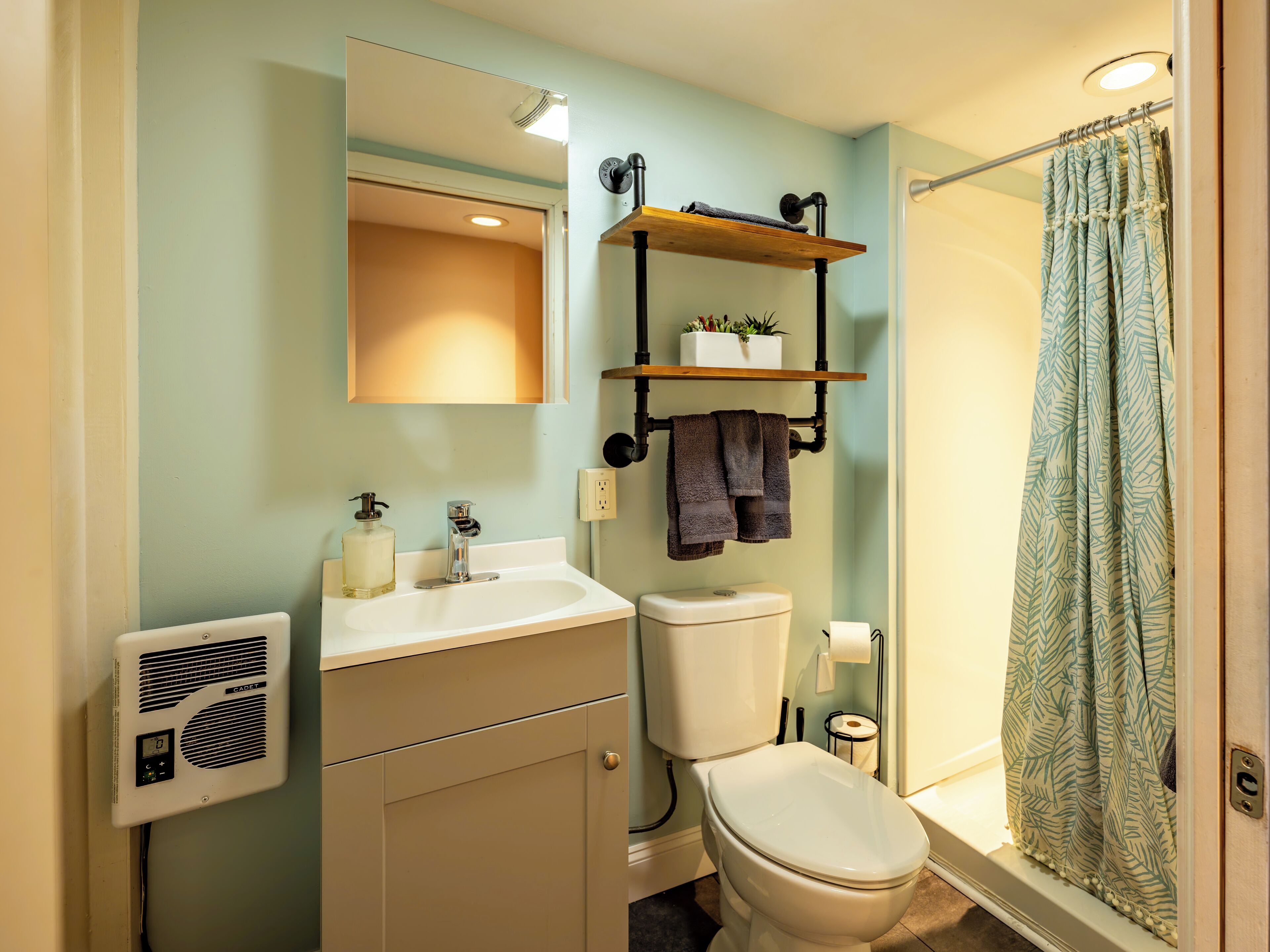 Ein Badezimmer mit Toilette, Waschbecken, Spiegel, Handtuchhalter, Duschvorhang und einem Heizkörper.