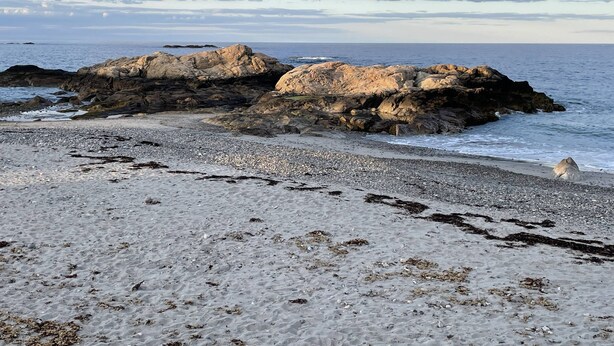 A rocky coastline with a pebbly beach and a small rock formation. - Oceanfront Family Retreat in Scituate with Private Beach, Expansive Porches, Outdoor Shower (Scituate)