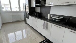 A modern kitchen with white cabinets, a black countertop, and a black and white rug with utensils. - Super 4 Rooms refurbished (Villeurbanne)