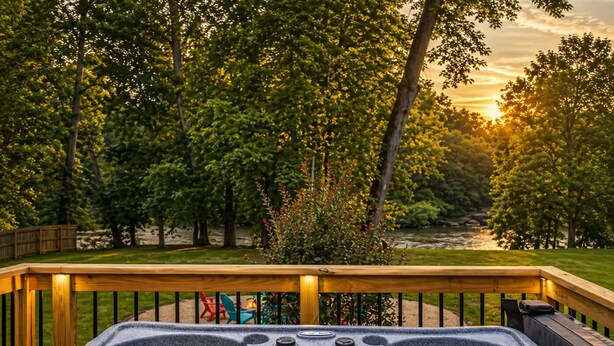 A hot tub with a wooden deck and a view of a river and trees. - Waterfront Renovated Modern A-Frame Hot Tub Game Room Kayaks (Shenandoah)