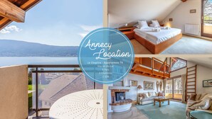 A modern apartment with a balcony, a bedroom with a large bed, a living room with a fireplace, and a view of the mountains. - Le Chapitre - Apartment T4 (Veyrier-du-Lac)