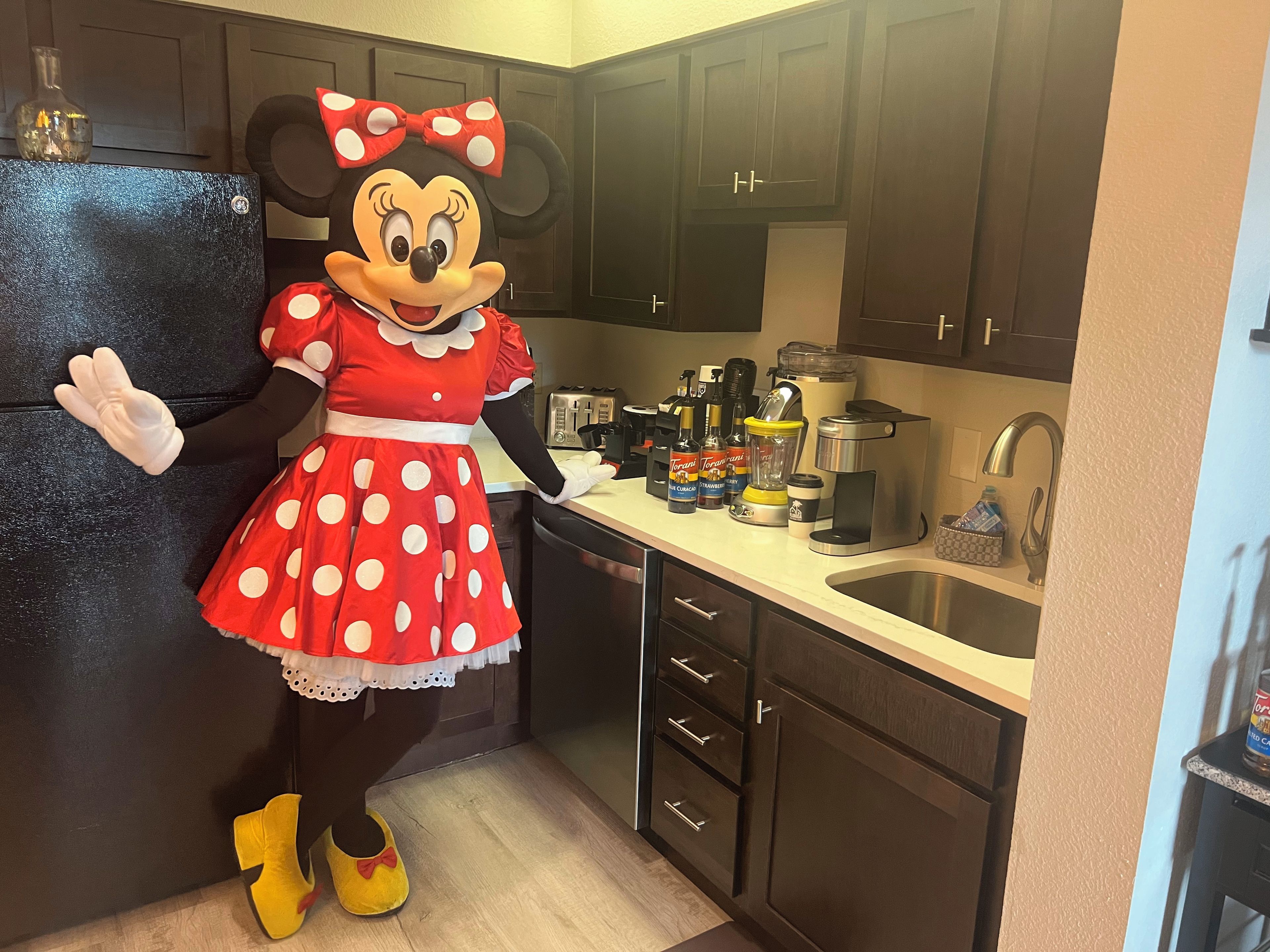A kitchen with dark cabinets, a refrigerator, a coffee maker, and various kitchen appliances.