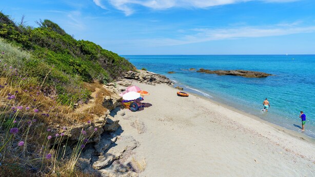 A beach with clear blue water, rocky shore, and greenery.