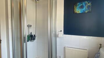 Hair dryer, towels, soap, shampoo