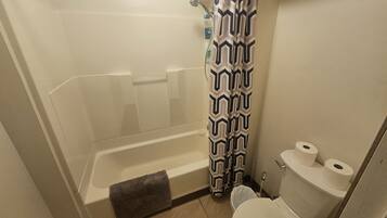 Hair dryer, towels, soap, shampoo