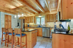 Fridge, microwave, oven, stovetop - Pocono Dog-Friendly Home on Delaware River with Large Hot Tub! (Damascus)