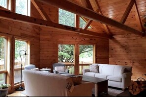 TV, fireplace - Pocono Dog-Friendly Home on Delaware River with Large Hot Tub! (Damascus)