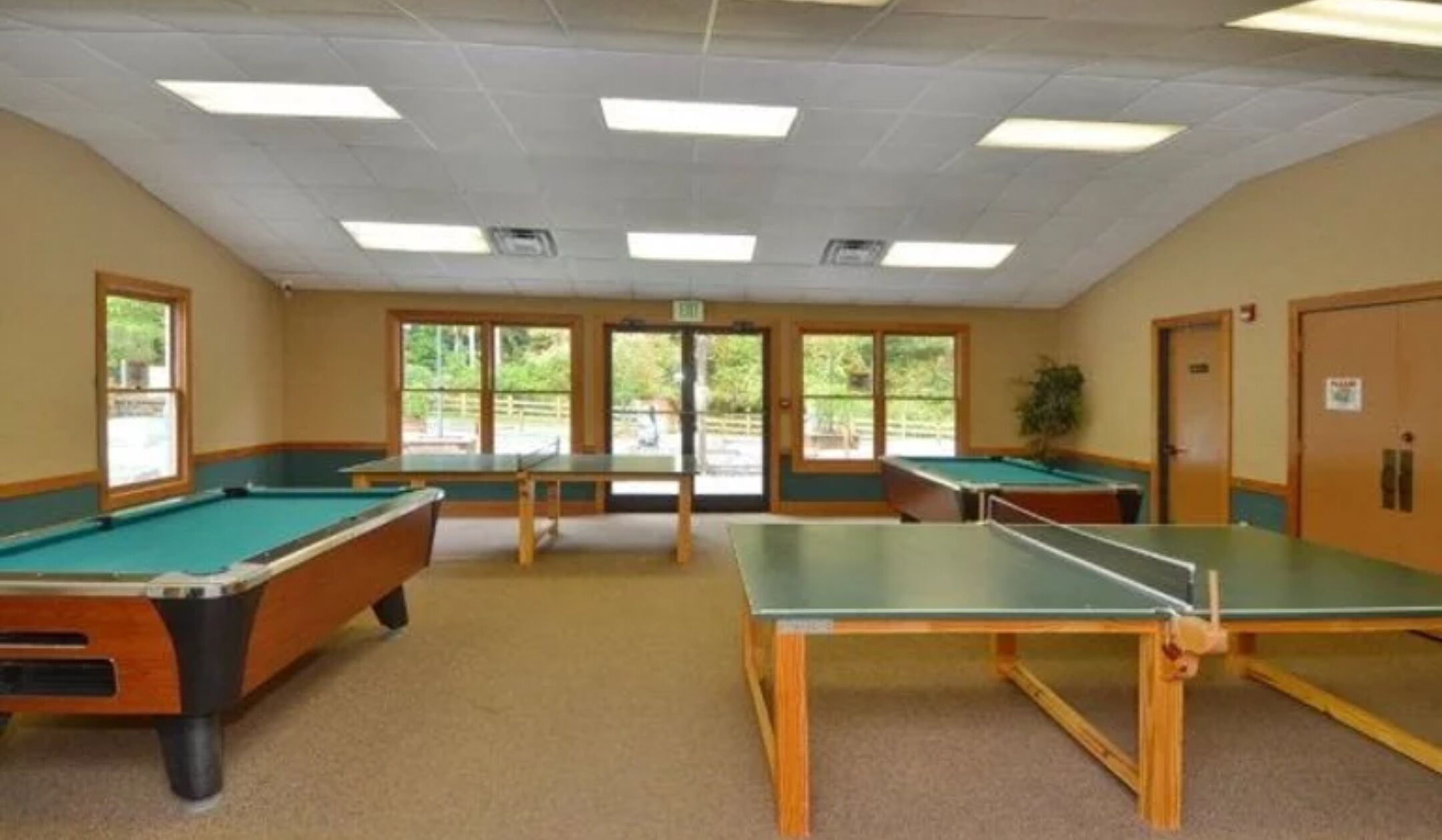 A room with four pool tables and a ping pong table, carpeted floor, and large windows with a view of greenery outside.
