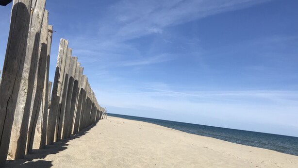 A beach with wooden structures and a clear sky.
