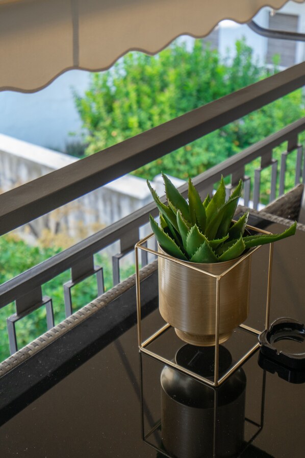 A potted aloe vera plant on a balcony railing.