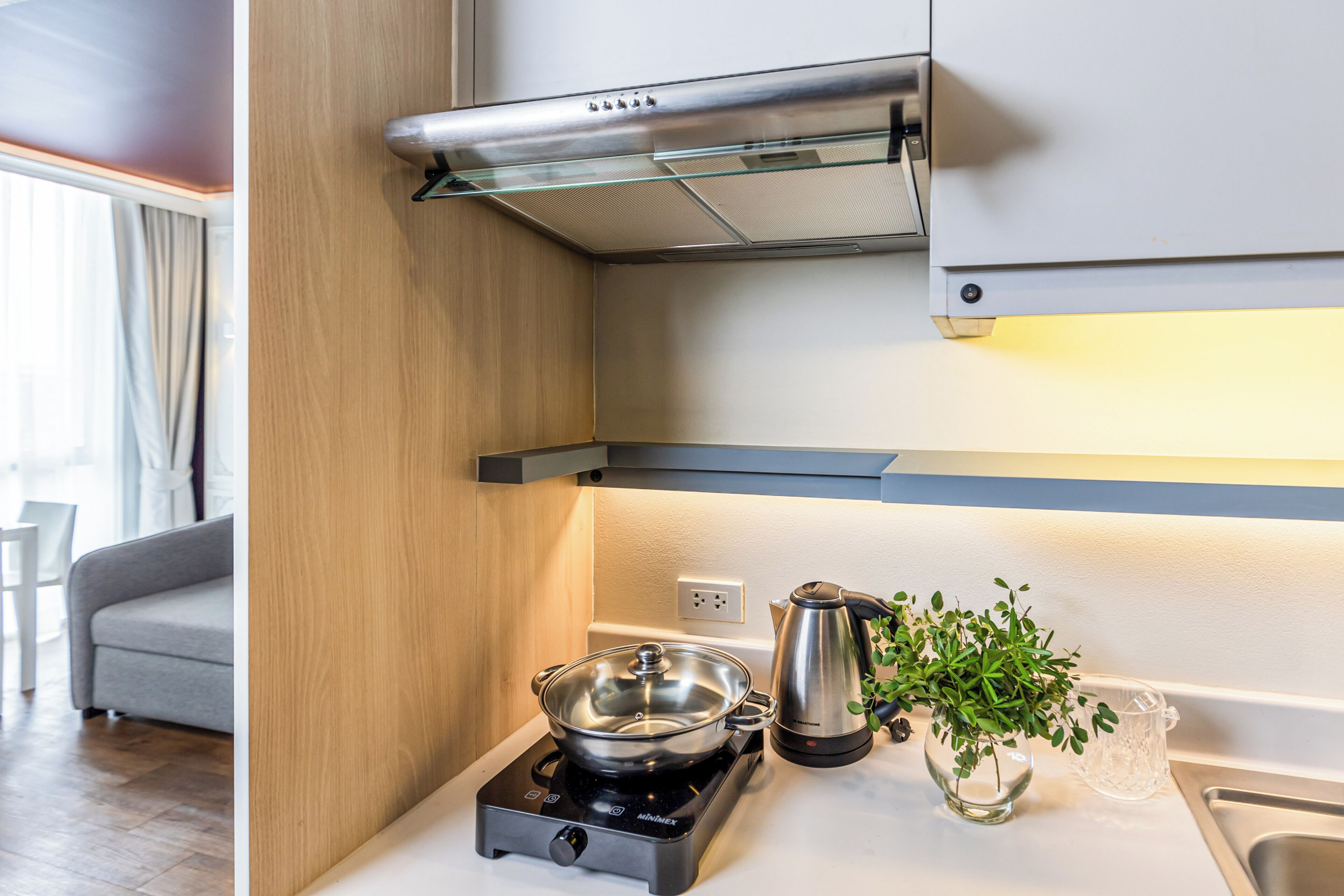 Une cuisine moderne équipée d’une cuisinière intégrée, d’une hotte en acier inoxydable, d’une bouilloire et d’une petite plante en pot.