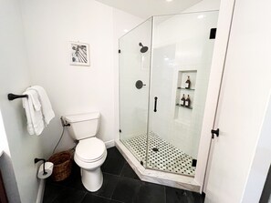 Shower, hair dryer, bidet, towels