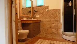 A bathroom with a sink, bidet, mirror, and shower.