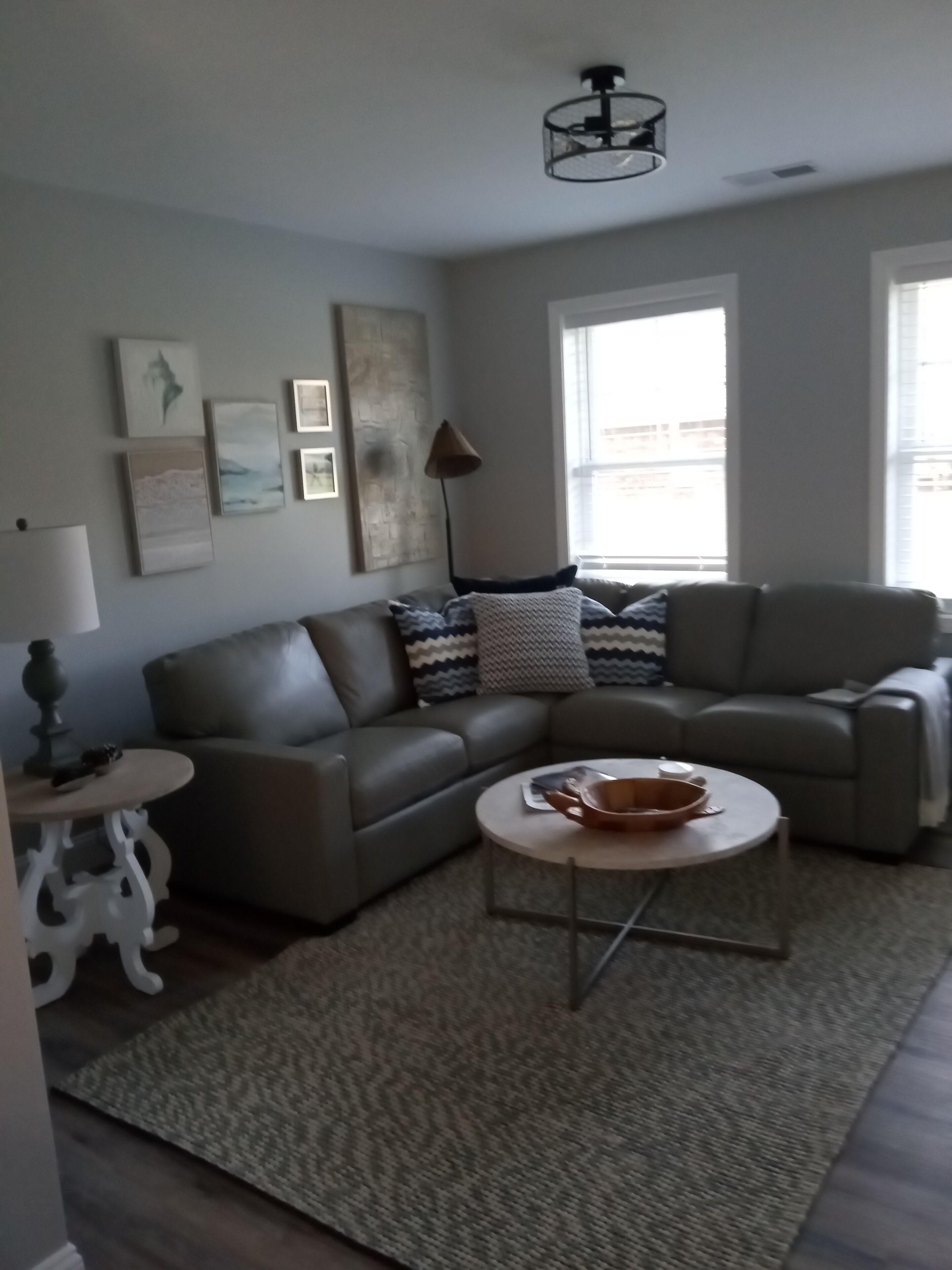 A living room with a grey sectional sofa, a round coffee table, and a patterned rug. There are wall-mounted artworks and a floor lamp.