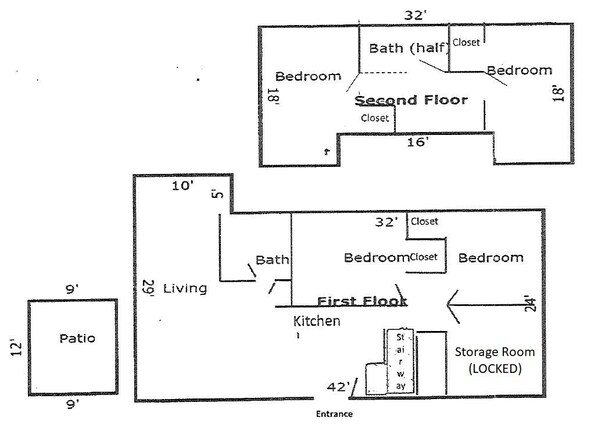 Plano de planta de una casa de dos pisos, que incluye un patio, sala de estar, cocina, dos dormitorios, un baño y un cuarto de almacenamiento.