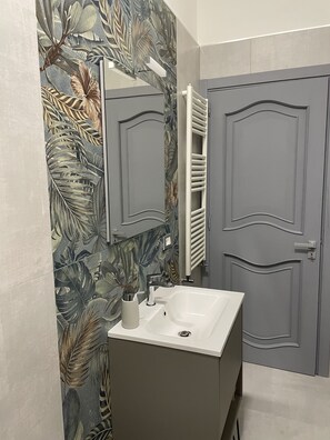 Shower, hair dryer, bidet, towels