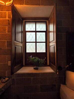 Un ventanal con vistas al exterior, una planta pequeña en el alféizar y una pared de ladrillo.