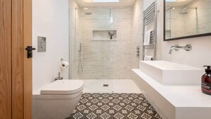 Une salle de bain moderne dotée d’une lucarne, d’une douche à l’italienne, de toilettes et d’un grand miroir.