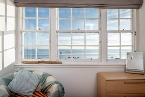 Flat-screen TV, fireplace, books
