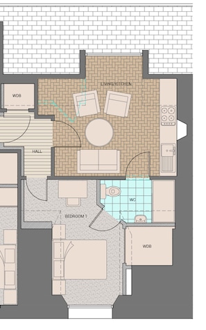 A floor plan of a house with a living/kitchen area, a bathroom, a WC, a bedroom, and a hall.