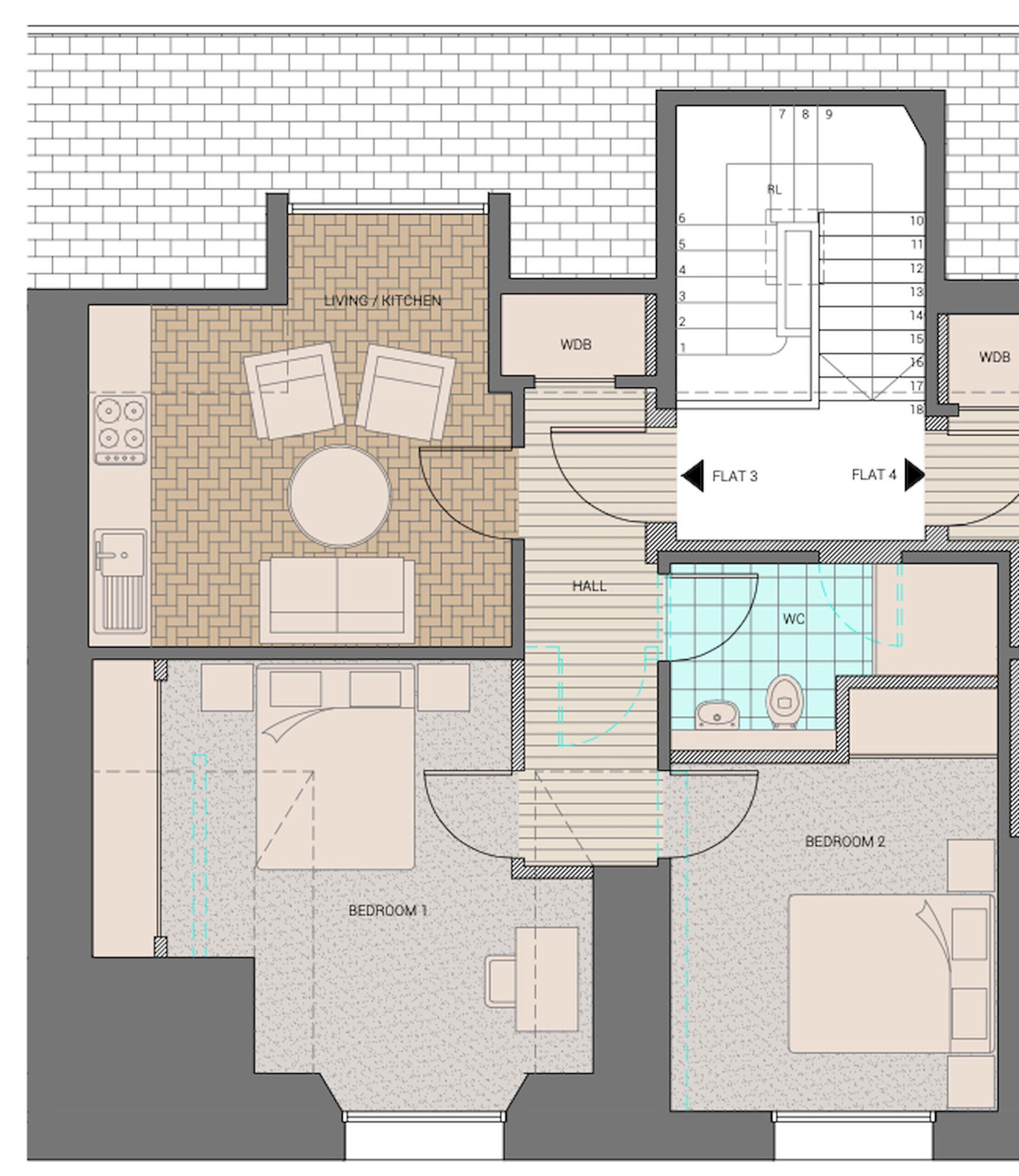 A floor plan of a hotel with a living/kitchen area, two bedrooms, a bathroom, a WC, and a hall.