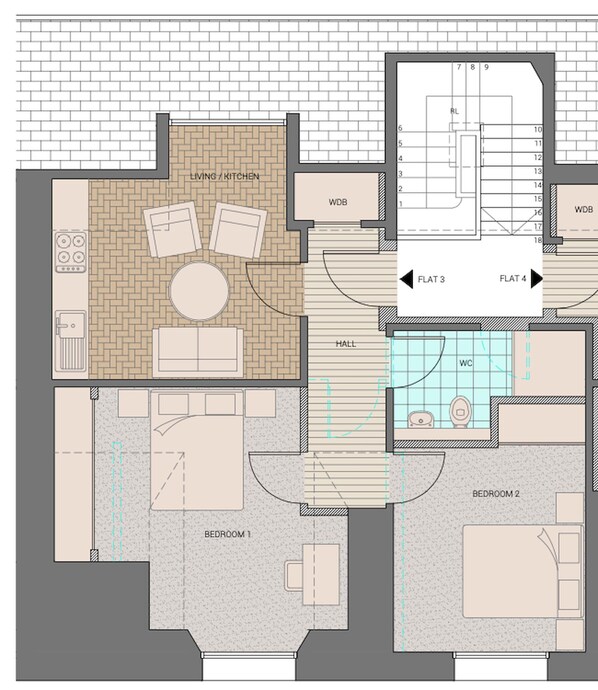 Un plan d’étage d’un hôtel comprenant un espace salon/cuisine, deux chambres, une salle de bain, des toilettes et un hall d’entrée.