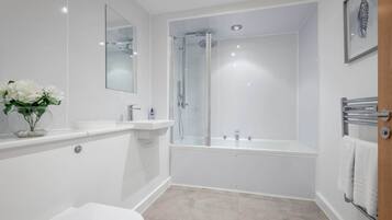 Bathtub, hair dryer, towels, soap