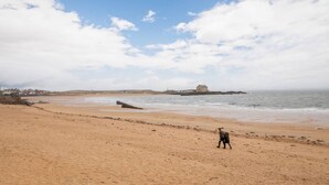 Una amplia playa arenosa con cielo despejado y algunas nubes.