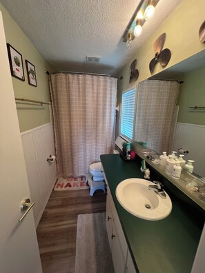 Hair dryer, towels, soap, shampoo