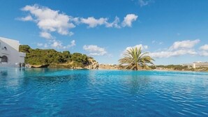 En klar blå pool med en palme og et klippelandskab i baggrunden.