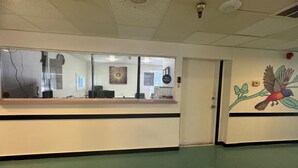 Un espace d’accueil comprenant un comptoir, une porte et une fresque murale.