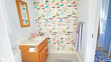 Hair dryer, towels, soap, toilet paper