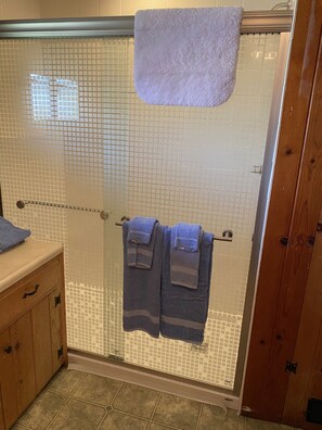 Shower, towels, soap, toilet paper