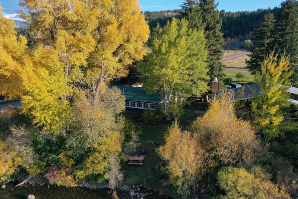 Ein Haus, umgeben von Bäumen, mit Blick auf einen bewaldeten Bereich.