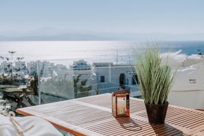 A balcony with a view of the sea, a potted plant, and a candle holder.