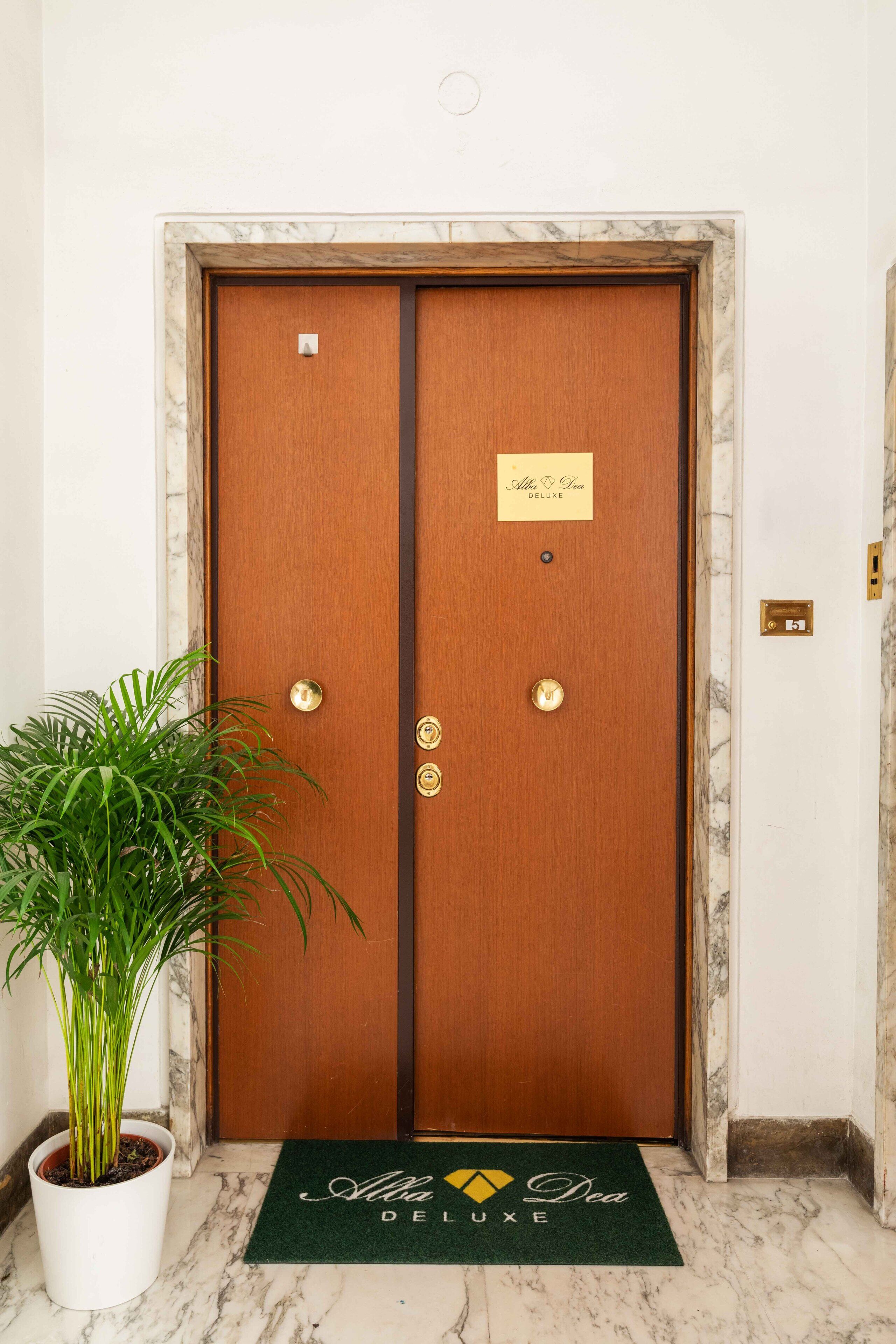 A wooden double door with a plaque, a potted plant, and a doormat.