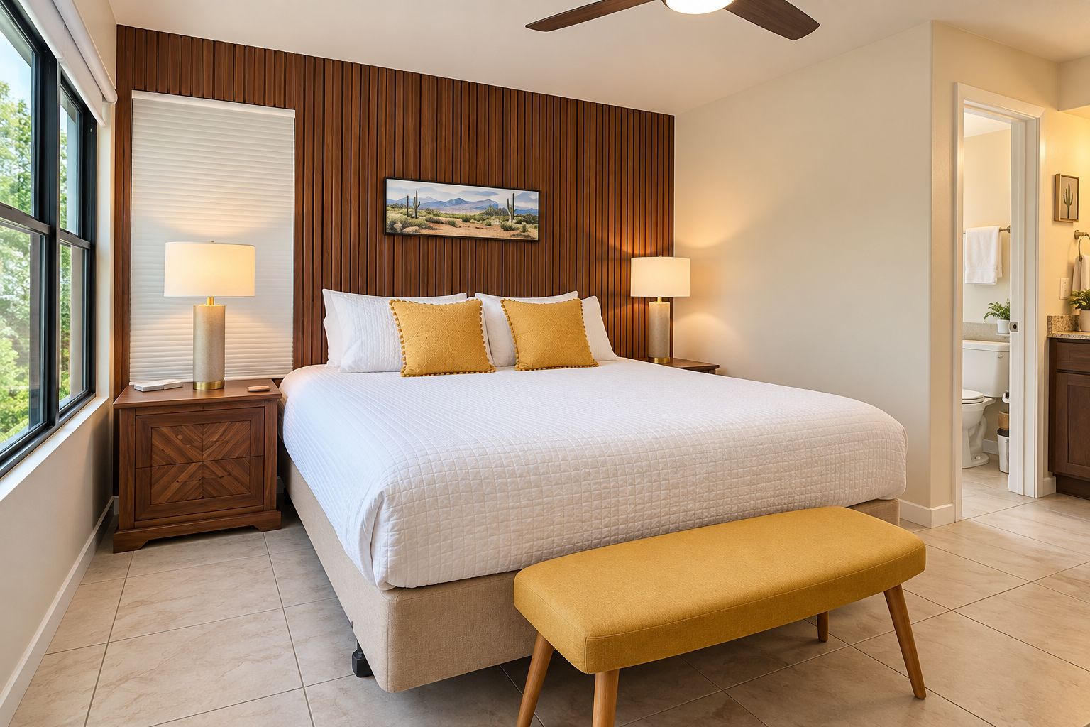 Une chambre à coucher avec un lit, des lampes de chevet, une tête de lit en bois, une fenêtre et une vue sur l’extérieur.
