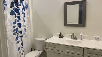 Combined shower/bathtub, hair dryer, towels