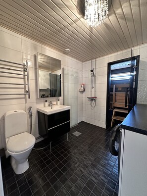 Shower, hair dryer, bidet, towels