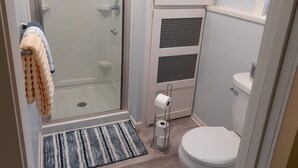 A compact bathroom with a glass shower enclosure, a toilet, and a small sink.