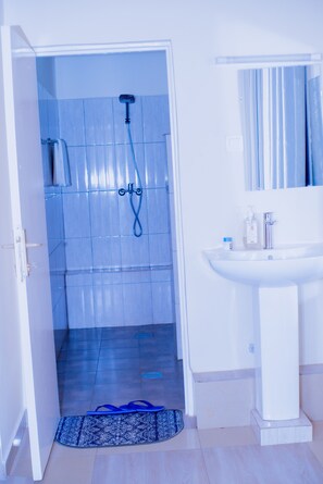 Hydromassage showerhead, designer toiletries, hair dryer, bathrobes